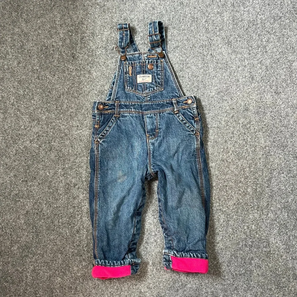 OshKosh B'gosh Overalls Toddler Girl 18M Blue Pink Fleece Lined Denim 434A789